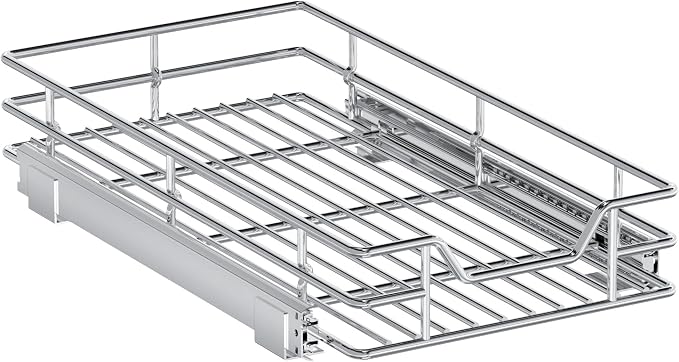 Pull Out Cabinet Organizer, 10.5" W x 18" D, Heavy Duty Chrome Slide Out Shelf for Narrow Base Cabinets, Sliding Wire Basket Drawer for Spices, Bottles, Snacks & Cleaning Supplies - Image 9