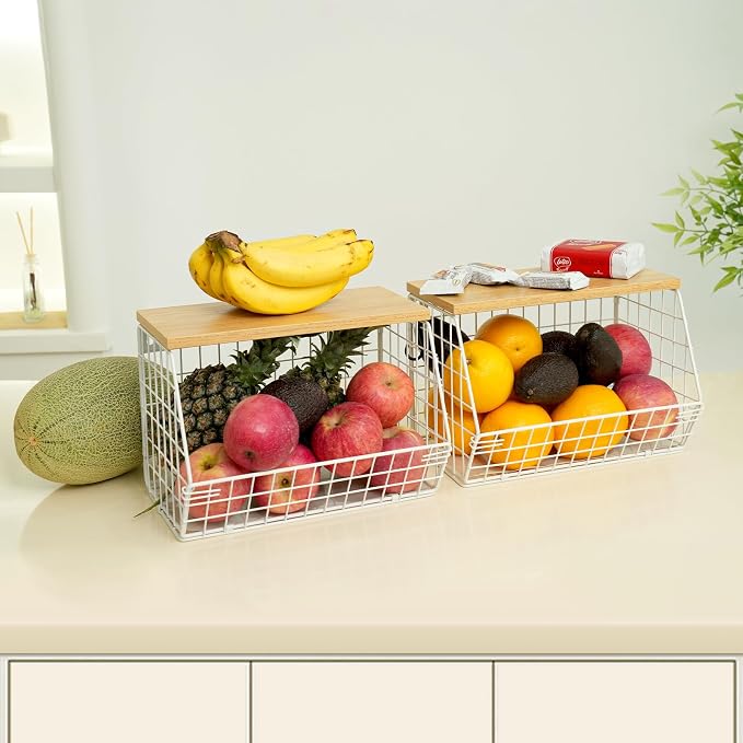 Mefirt Fruit Basket, 2-Tier Fruit Bowl for Kitchen Counter, Stackable Wall Mounted Fruit Storage, Snack Organizer, Potato and Onion Storage Basket, Hanging Pantry Storage with Wood Lid, 2 Set, White - Image 9