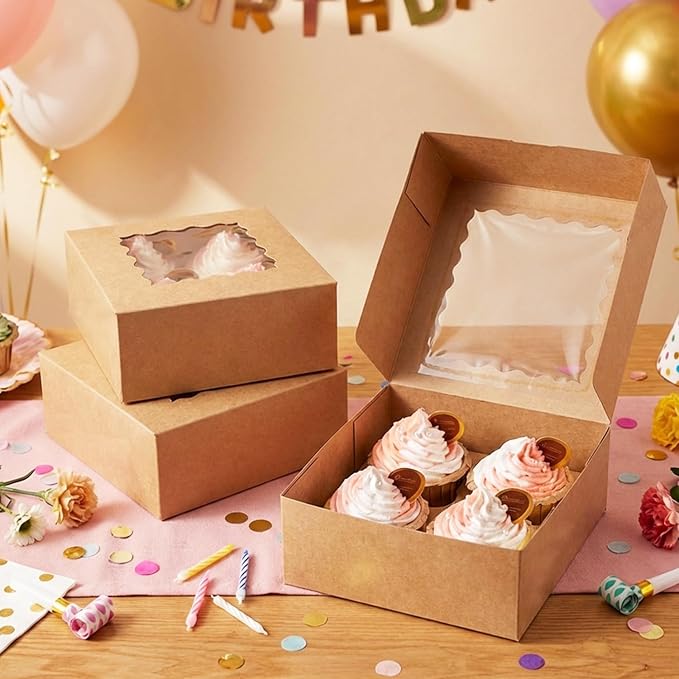 qiqee Auto-pop Up Cupcake Boxes with Window Brown 100PCS 4 Count Cupcake Box 6.3"x6.3"x3" Cupcakes Carrier, 4 Cupcake Containers - Image 8