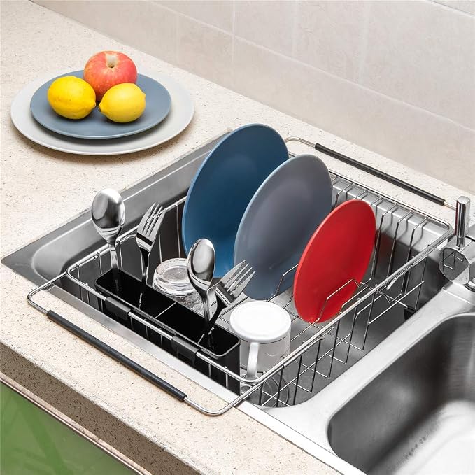 SANNO Expandable Dish Drying Rack, Large Dish Rack Adjustable Deep Dish Drainer Stainless Steel Cutlery Utensil Holder Silverware Organizer Rack with Hooks - Image 9