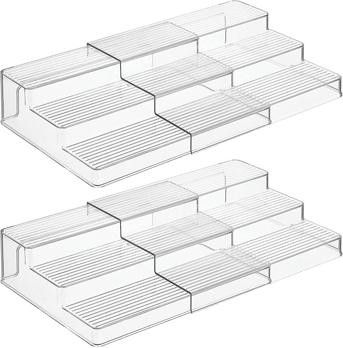 mDesign Plastic Spice/Food Kitchen Expandable Cabinet Shelf Organizer, 3 Tier Storage, Compact Caddy Rack for Cupboards, Refrigerator Holds Spices/Herb Bottles - Lumiere Collection - 2 Pack - Clear - Image 4