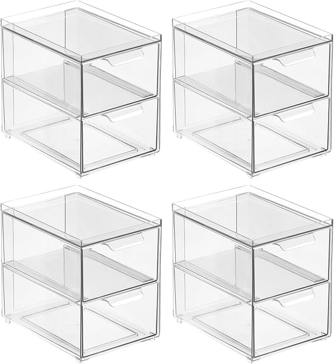 mDesign Stackable Storage Containers Box with 2 Pull-Out Drawers - Stacking Plastic Drawer Bins for Closet Organization, Linen, Coat, Bedroom or Entryway Closets - Lumiere Collection - 4 Pack, Clear - Image 8