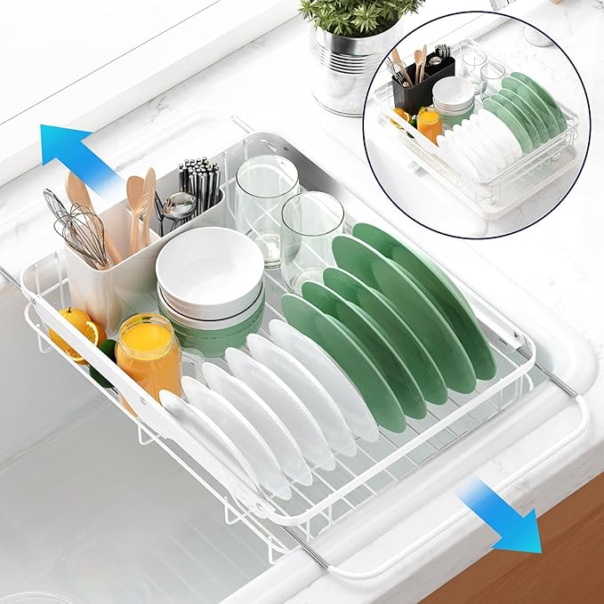Kitsure Dish Drying Rack for Kitchen Counter, 12.2''W x 15.7''~23''L, White | Stainless Steel Sink Organization, Cutlery Holder, Home and Appartment Decor by Kitsure