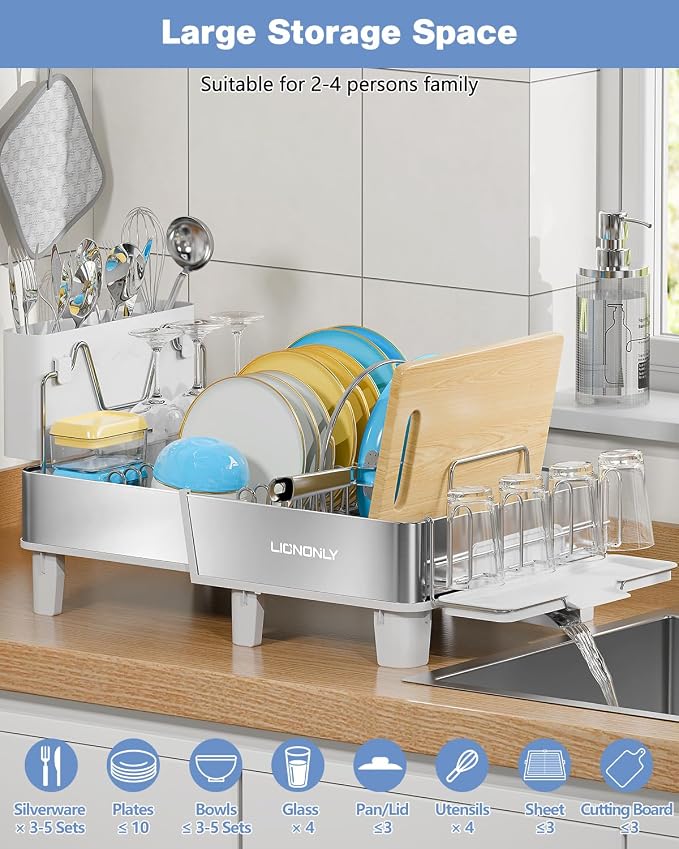 Dish Drying Rack, 304 Stainless Steel Expandable Dish Rack with Adjustable Drain Spout, Large Capacity Dish Drainer with Utensil Holder, Cup Holder and Cutting Board Rack for Kitchen Counter, White - Image 8
