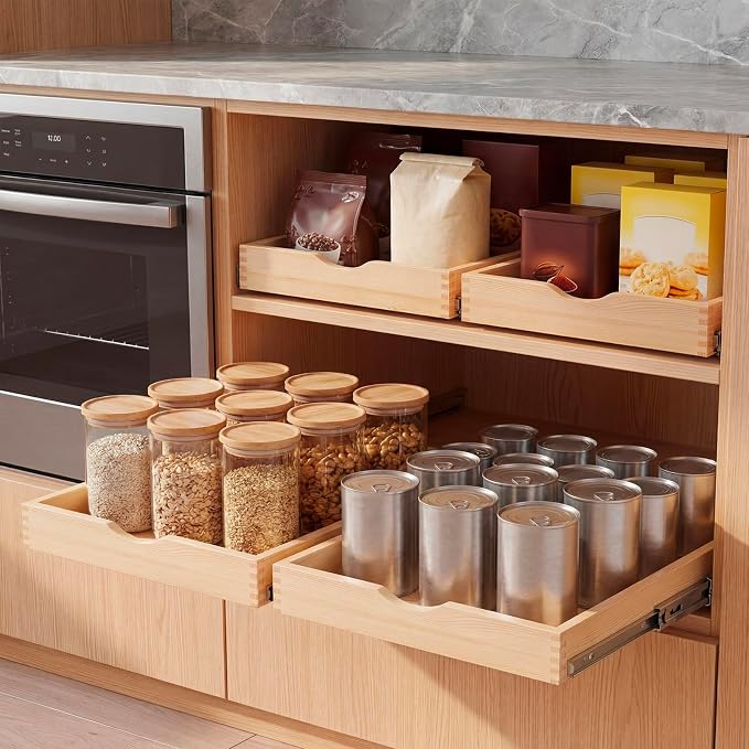 2 Set Wooden Pull out Cabinet Organizer Fully Assembled Slide out Pantry Drawer with Gentle Close Storage Shelf Tray for Base Kitchen Under Sink Bathroom Accessory(Wood Color,12'' X 21'' X 3") - Image 7