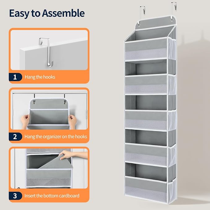 Yecaye Over The Door Organizer Storage, 5-Tier Heavy Duty Door Organizers Hanging with 10 Side Mesh Pockets, 44 lbs Load Capacity Behind Door Storage for Bathroom Nursery Bedroom Dorm Closet,Grey,1Pc - Image 9