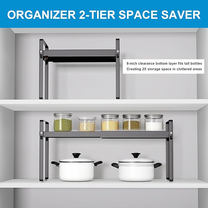 11" Deep Expandable Cabinet Shelf Organizer Riser, 1-Pack Black | Adjustable 14-25", heavy duty metal pantry storage rack for kitchen cupboard, under sink & countertop, 10" high space saver - Image 7