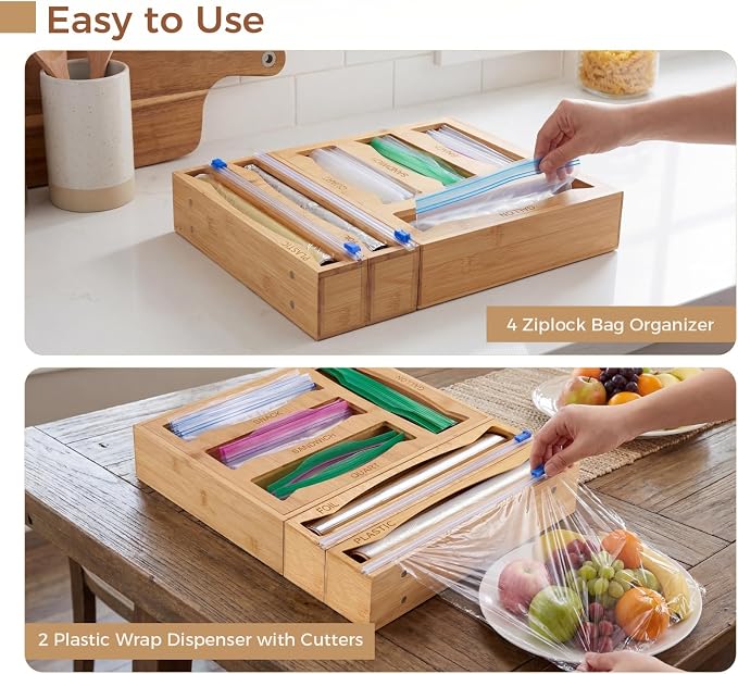 6-in-1 Bamboo Kitchen Drawer Organizer for Storage Bag, Foil & Plastic Wrap - Image 9