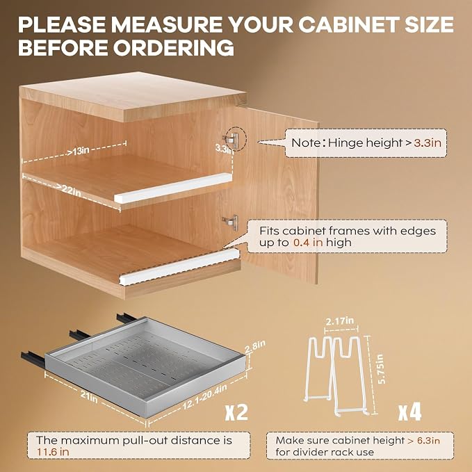 Seinloes 2 Pack Pull out Cabinet Organizer 21"Deep With Raising Pad for Framed Cabinets, Expandable Slide out Drawers for Kitchen Cabinets with 4pcs Divider Racks,Roll out Shelves 12.1"-20.4" W Silver - Image 2