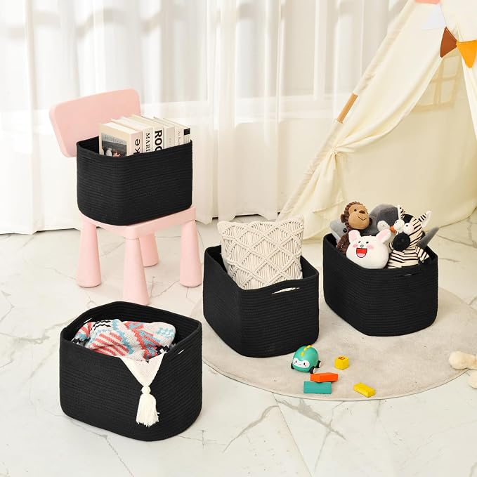 ICERZCZ Storage Baskets for Organizing & Shelves, Woven Cotton Rope Organization Bins for Dog Toys, Clothes, Books, Nursery Organizer, 15"Lx11''Wx9.5''H, (4 Packs) Black - Image 8