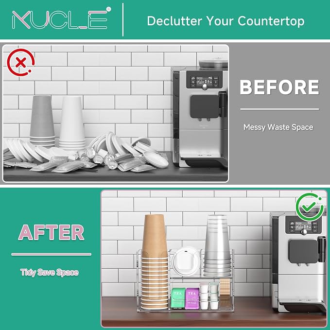 2-Tier Coffee Station Organizer for Countertop, 4 Compartments Clear Acrylic Cup and Lid Holder Tea Condiment Storage Upright Coffee Bar Organizer Pod Dispenser for Office Breakroom Home Kitchen - Image 9