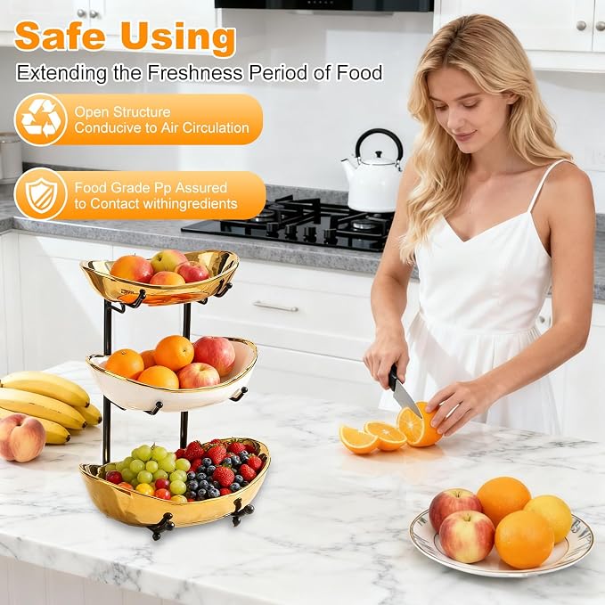 3 Tier Fruit Bowl for Kitchen Counter,Ceramic Bowl with Metal Stand,3 Tier Fruit Basket for Vegetable Bread Candy Snack Nuts Dessert Cake Tray (Gold Bowl Black Rack) - Image 7