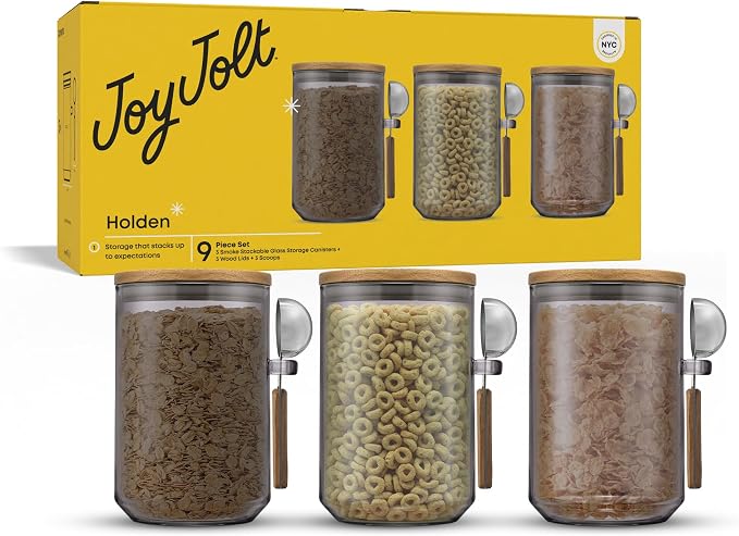 JoyJolt Holden 32oz Stackable Glass Storage Containers with Lids and Scoops, Airtight Food Canister Set of 3 w/Acacia Wood Lids, Round Stacking Pantry and Kitchen Containers w/Scoop | Smoke - Image 9