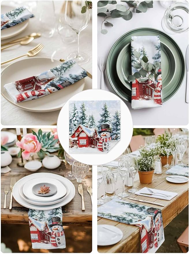 Christmas Snowman Cloth Napkins Set of 8, Farmhouse Xmas Tree Winter Snowflake Dinner Napkins Cloth Washable, Cocktail Napkins Reusable for Wedding, Party, Birthday (20"x20") - Image 9