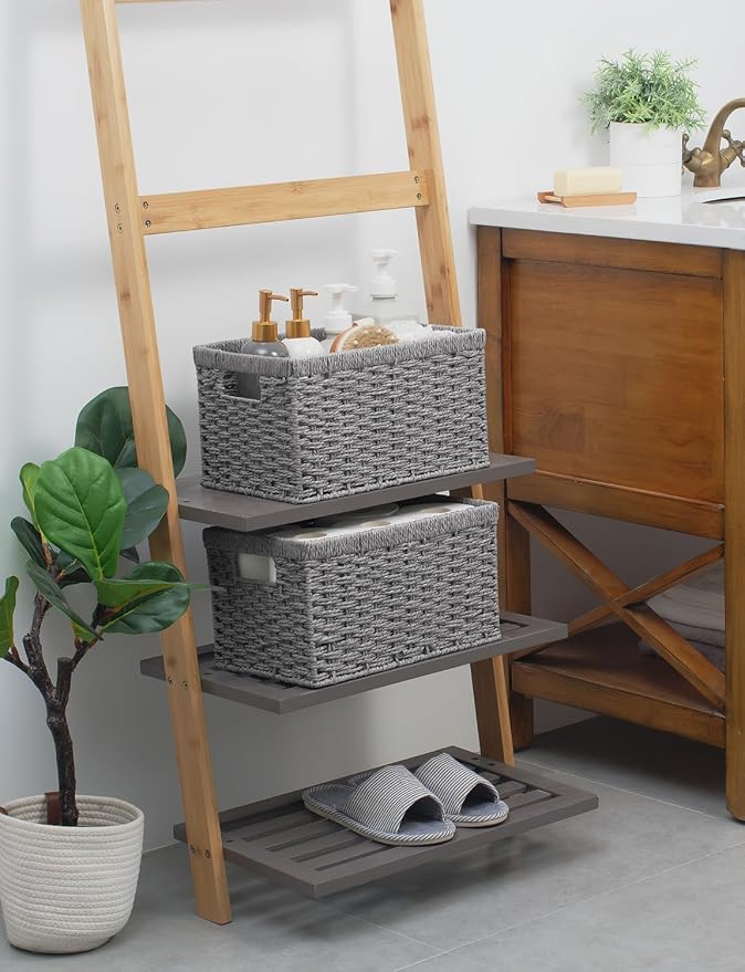 StorageWorks Wicker Storage Baskets, Gray Baskets for Storage, 2-Pack | Paper Rope Wicker Storage Baskets for Shelves, Rectangular Wicker Baskets with Handles, Handwoven Grey Baskets, Woven Baskets - Image 7