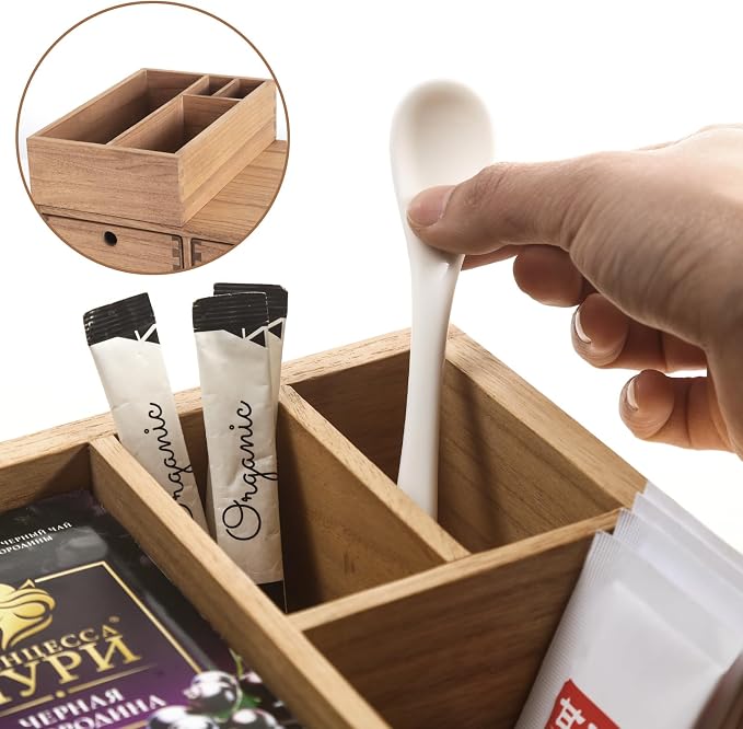 KIRIGEN Wooden Coffee Station Organizer with Drawers, K Cup Holder, Brown | 2 Piece Solid Wood Set Storage Box Holds 40+ Pods, Tea Bags, Sugar with Modular Storage for Counters and Coffee Bars - Image 7