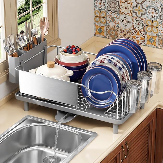 KINGRACK Stainless Steel Dish Drying Rack with Cup Holder for Counter, Grey | 16.9"L x 12.4" W Dish Rack with Spacious Drying Capacity, Quick Auto Dish Drainer for Plate Dish Dinnerware,Sliver - Image 9