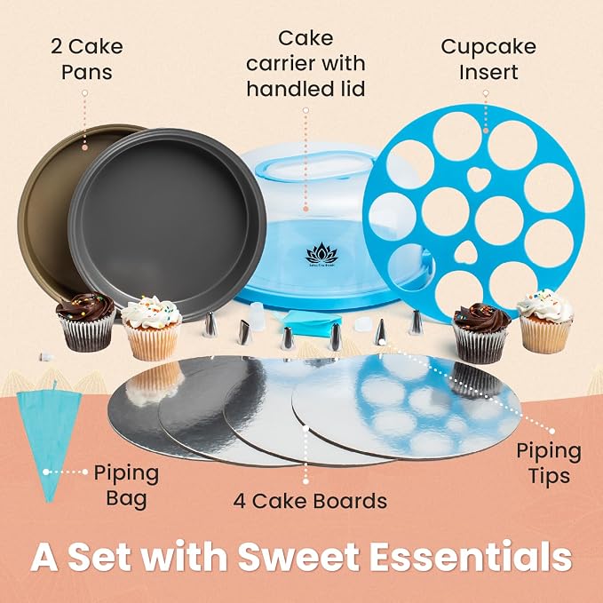 Cake Carrier with Lid and Handle – 10" Cake Storage Container with Baking Accessories, Cake Stand with Baking Pan, Cupcake Tray, Cake Boards & Piping Set - Image 9