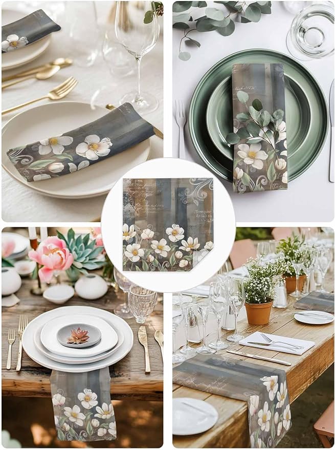 White Flower Cloth Napkins Set of 8, Rustic Floral Brown Grey Abstract Oil Paining Dinner Napkins Cloth Washable, Cocktail Napkins Reusable for Wedding, Party, Birthday (20"x20") - Image 8