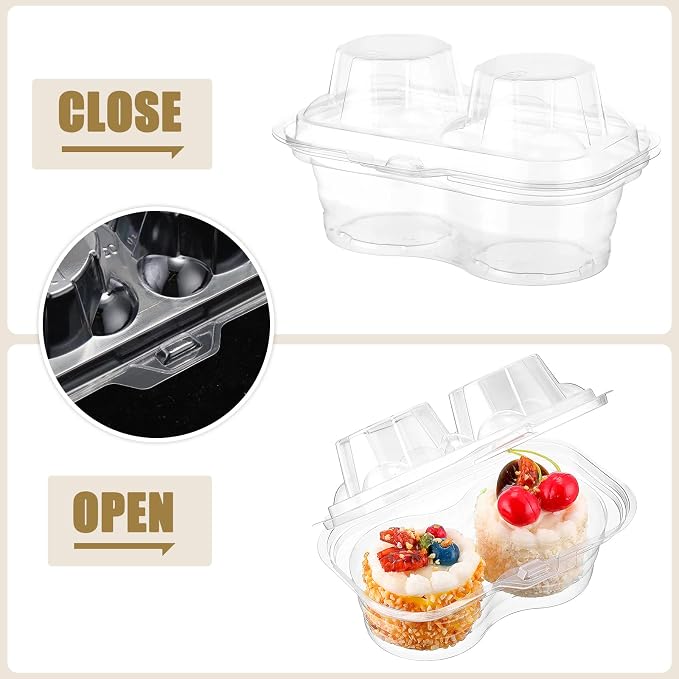 Eaasty 150 Pcs 2 Compartment Plastic Cupcake Containers Disposable Deep Cupcake Carrier Holder Box with Lids Stackable Clear Dessert Container for Muffin Pies Weddings Birthday Party - Image 7