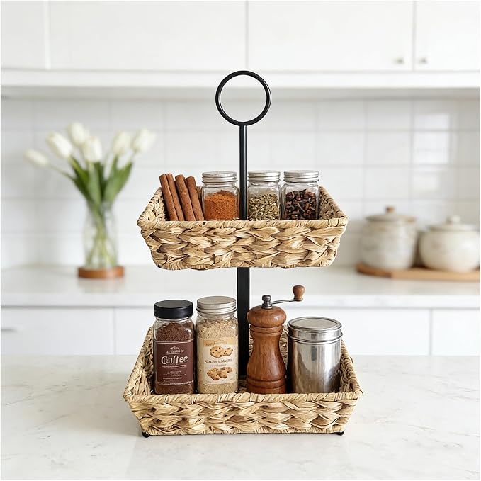 2 Tier Wire Fruit Basket with Rattan | Square Metal Standing Baskets| Handwoven Fruit and Vegetable Storage Organizer |Stackable Candy Organizer|Multi-Function Snack Rack&Shelf for Chips - Image 9