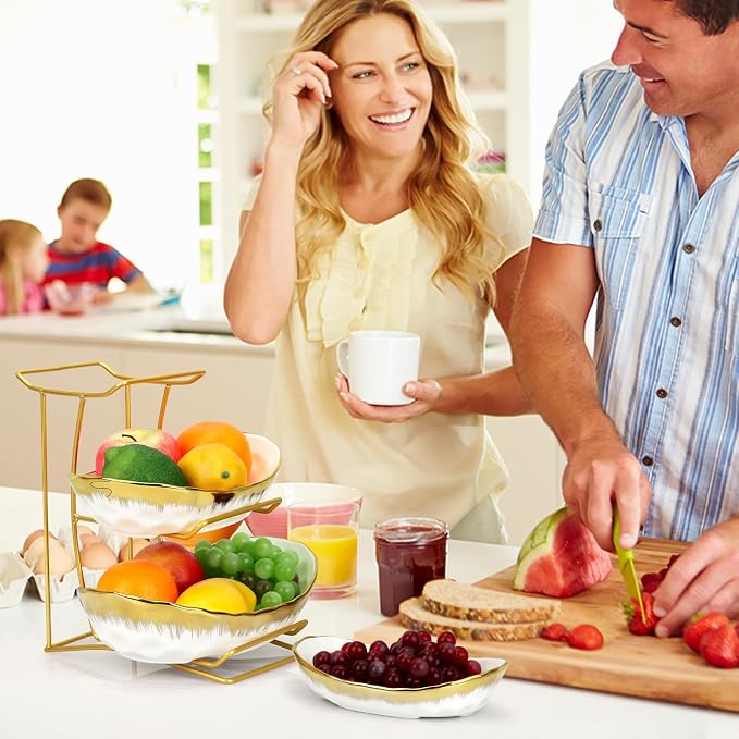 3 Tier Fruit Bowl for Kitchen Counter,Ceramic Fruit Basket with Metal Stand | Tiered Holder for Displaying Snacks, Vegetables, Nuts, Desserts, Bread, Candy Storage, Modern Countertop Organizer - Image 7