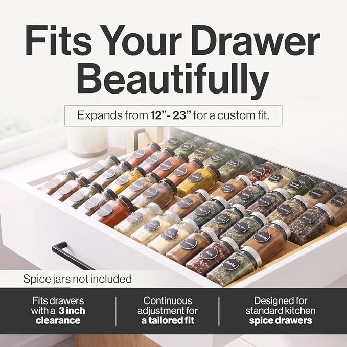 Bamboo Spice Drawer Organizer, Expandable 12 to 23 Inch Insert Holds 48 Jars, 4 Tier Seasoning Rack for Kitchen Drawer or Countertop, Adjustable Wood Spice Organizer - Image 9