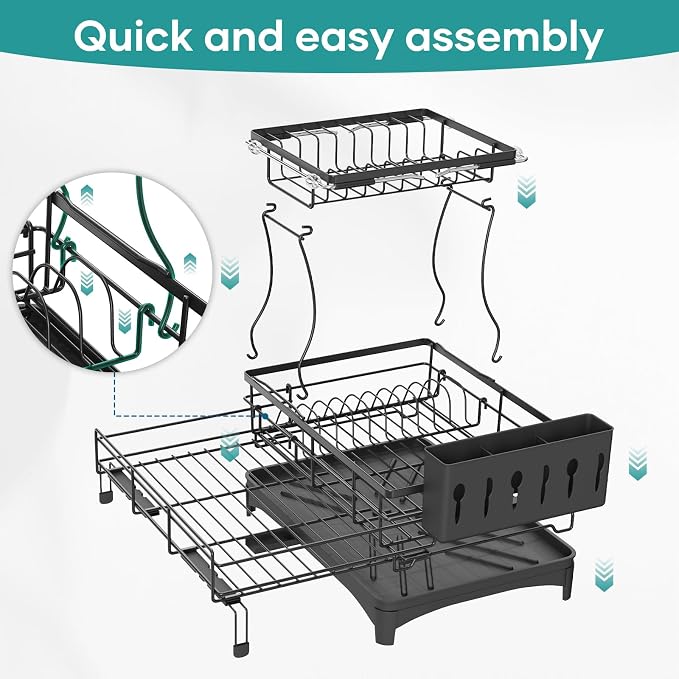 Dish Drying Rack for Kitchen Counter, Extendable Dish Rack with Drainboard, Kitchen Countertop 2 Tier Dish Drying Rack, Expandable Dish Strainer with Cutlery Holder, Removable Cutlery Holder(Black) - Image 7