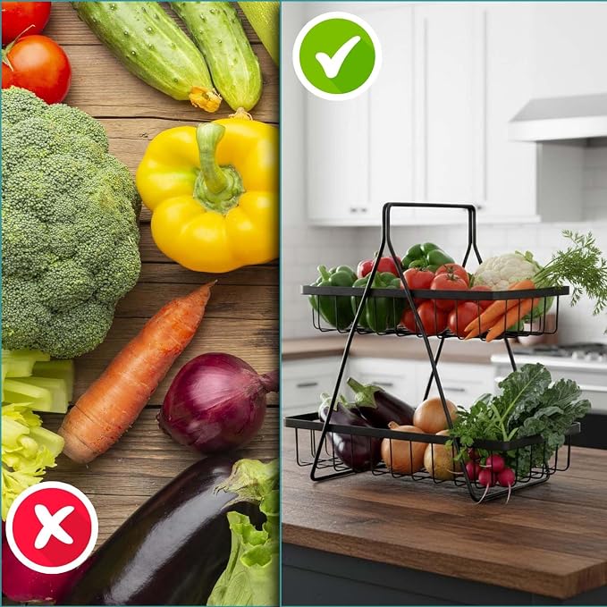 Go Hooked Counter-top 2 Tier Fruit Basket ideal for Dining Table, Centre Table | Metal Fruit Bowl or Bread Basket Vegetables Storage Organizer Holder (Black) - Image 7