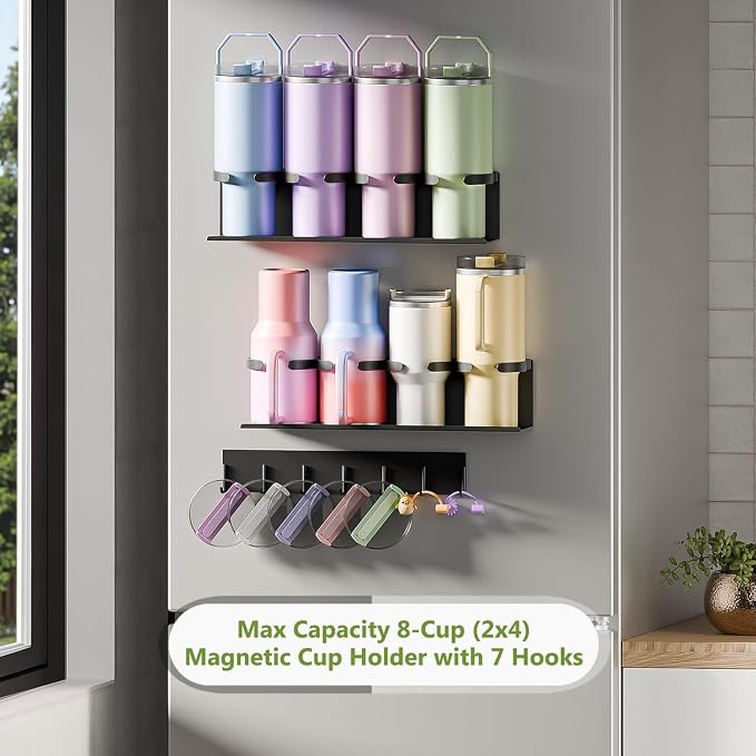 Max Capacity 8-Cup (2x4) Magnetic Stanley Cup Holder for Stanley & Yeti Tumblers (20/30/40oz) – Holds 4 Water Bottle Each, Tumbler Organizer with 7 Hooks for Kitchen Fridge & Metal Surfaces - Image 7