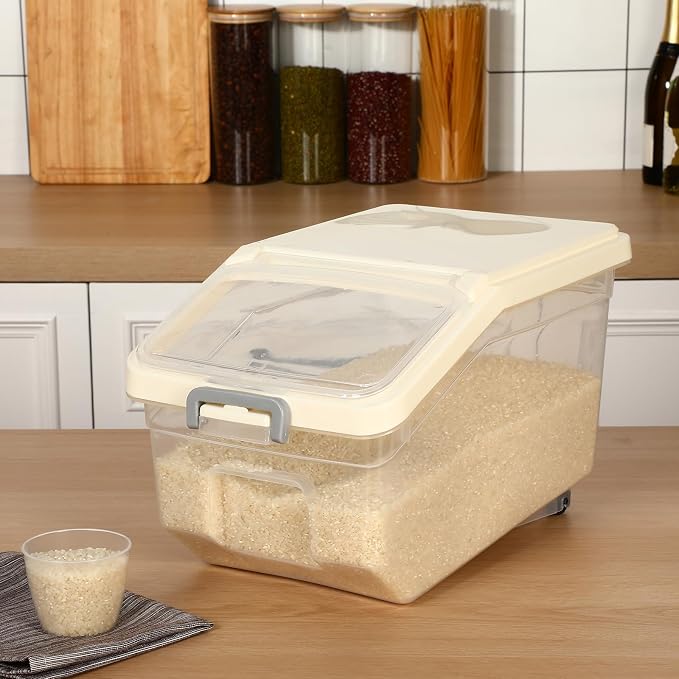 4 Pcs Rice Storage Containers Bulk Flour Sugar Container Wheels Measuring Cups Set Airtight Pet Dog Cat Birds Food Bin Grain Cereal Organizer Box for Dry Baking(Beige,22 lb) - Image 6