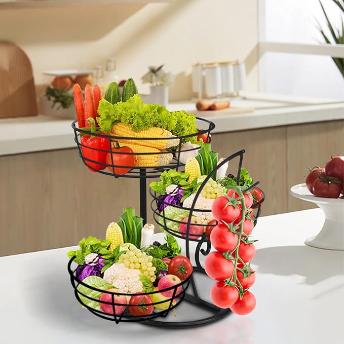 Livabber Fruit Basket Bowl with Banana Hanger, Fruit Vegetable Storage Basket with Banana Tree Holder for Kitchen Counter, Detachable Organizer for Bread Snack Produce (Black, 3-Tier Metal Base) - Image 8