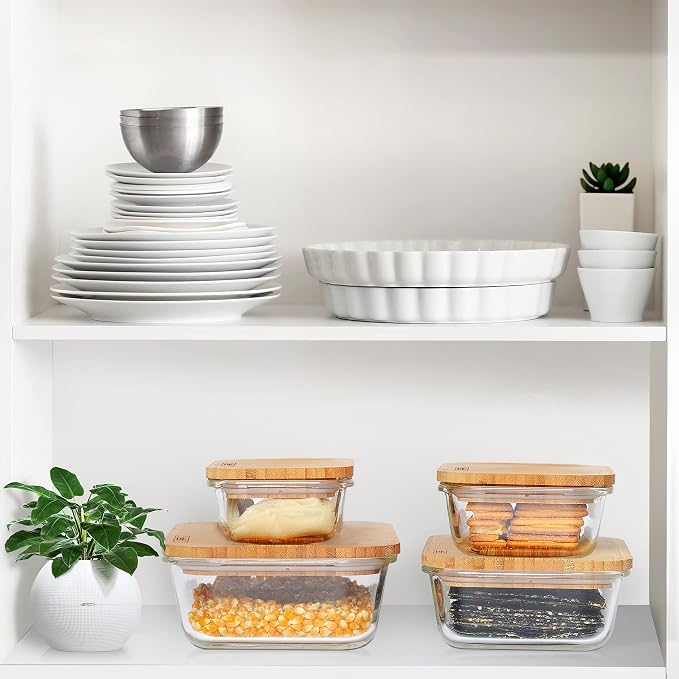 DE Glass Food Storage Containers with Bamboo Lids – 4 Pack (12oz/21oz/35oz/51oz) – BPA-Free Borosilicate Glass Meal Prep Boxes – Oven, Microwave, Freezer Safe – Stackable & Airtight - Image 9