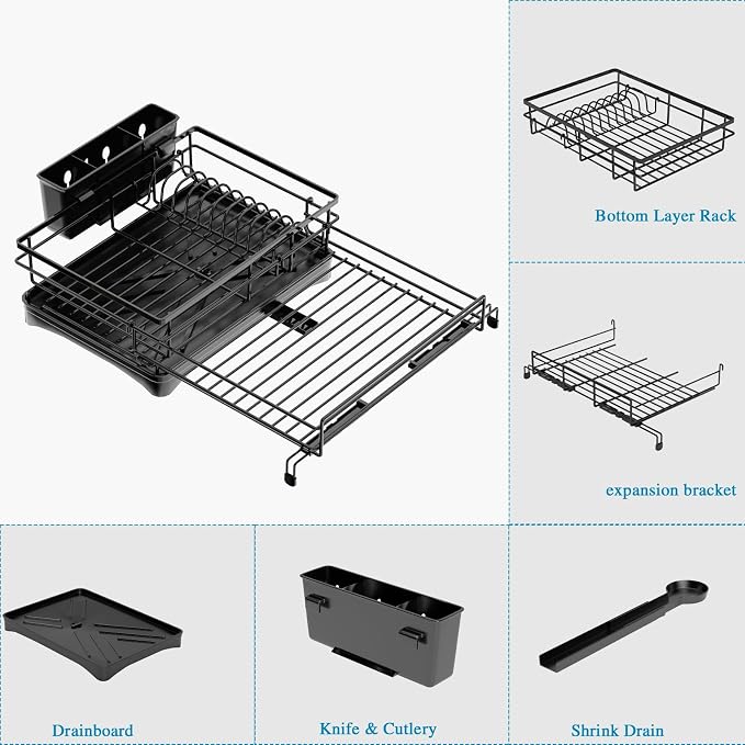 Expandable Dish Drying Rack for Kitchen Counter, Large Capacity Dish Rack with 360° Rotatable Drain Spout & Utensil Holder, Stainless Steel Dish Drainer for Kitchen Sink, Black - Image 9