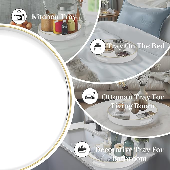13" White Decorative Tray, Plastic Round Serving Tray with Handles | Decorative Tray for Coffee Table, Modern Ottoman Tray, Circle Tea Tray, Round Melamine Tray for Living Room, Bathroom - Image 7