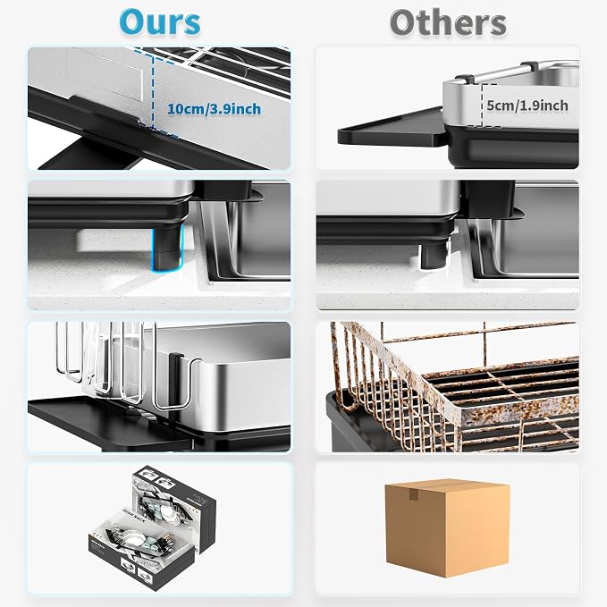 Ewaiira Dish Drying Rack, 2 Tier Large Dish Rack, Stainless Steel Dish Drainer for Kitchen Counter, Dishes Rack with Automatic Drainage, Utensil Holder,Cups Holder,Space Saving Kitchen Organizer,Black - Image 9