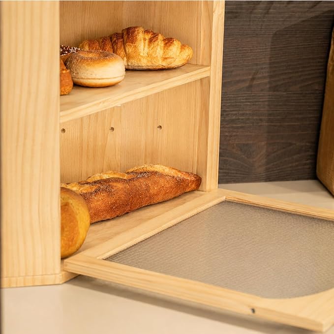 Corner Bread Box for Kitchen Countertop, Solid Wood, Natural | 2-Tier Large Capacity, Wooden Bread Box, Vintage Farmhouse Breadbox, Pine Wood, Bread Storage Container, Adjustable Shelf - Image 9