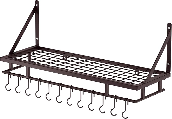 KES 30-Inch Wall Pot Rack, Oil Bronze, 88lb Capacity, 12 Hooks, Farmhouse | Carbon Steel Construction, Reinforced Grid Shelf, Stud Mounting, 12 S-Hooks, Rust-Resistant, Indoor Kitchen Organizer - Image 9