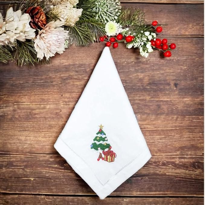 Embroidered Cloth Napkin Christmas Tree and Gift Box Cotton Napkins Set of 6, 20 x 20 Hemstitch Table Napkins Machine Washable, Daily & Holidays, Great Gift Ideas - Image 8