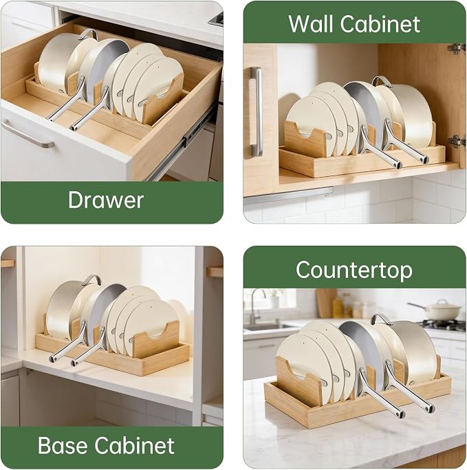 Pan Organizer Compatible with Caraway, Pots and Pans Organizer Under Cabinet, Bamboo Pot Lid Organizers with Adjustable Dividers, U-Shaped Lid Slots, Ideal for Kitchen Countertop and Cabinet Storage - Image 7