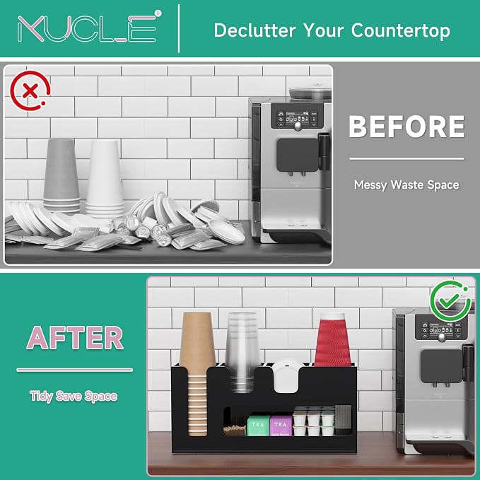 2-Tier Coffee Station Organizer for Countertop, 5 Compartments Black Acrylic Cup and Lid Holder Tea Condiment Storage Upright Coffee Bar Organizer Pod Dispenser for Office Breakroom Home Kitchen - Image 9
