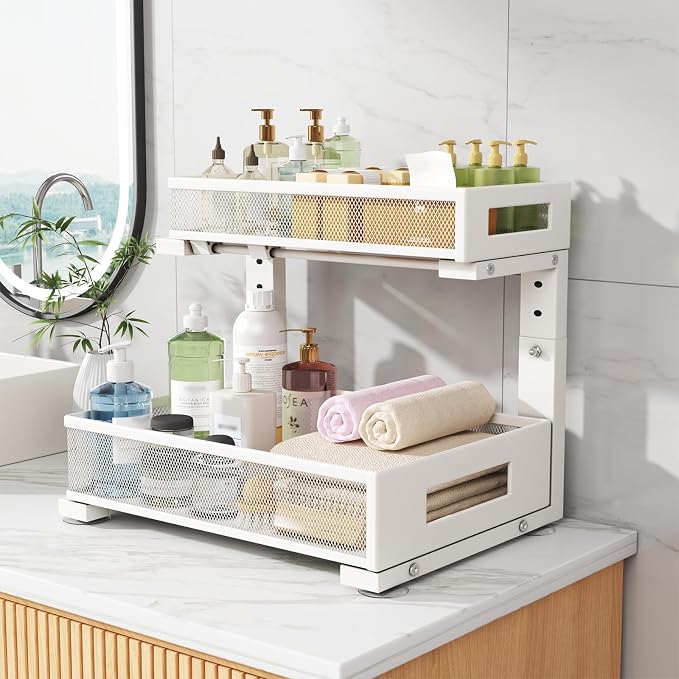 2-Pack Under Sink Storage Organizer, Large 2-Tier Elegant Mesh Pull Out Shelf for Kitchen and Bathroom Cabinet Organization, L-Shaped and Adjustable Height Design for Maximum Space Efficiency-White - Image 9