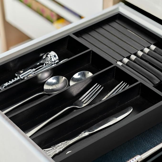 VaeFae Bamboo Silverware Drawer Organizer, 5 Slots, Black | Kitchen Utensil Organizer, Removable Knife Block, Cutlery Tray with Divider, Fork and Spoon Holder - Image 6