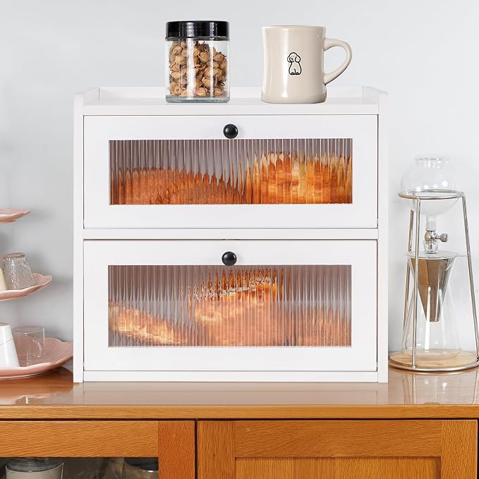 Sunhoo Bread Box for Kitchen Countertop Wooden Bread Storage Container Bin 2 Layer Breadbox Holder Large Capacity Keeper Vintage Farmhouse Food Organizer Pantry Shelf Acrylic Window (White) - Image 7