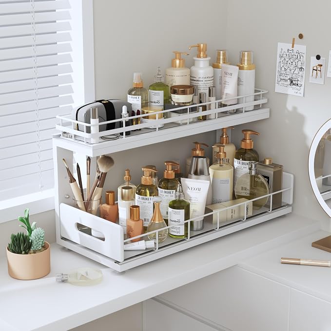 Under Sink Organizer Upgrade To Professional Rails,2-Tier Dual Pull Out Cabinet Storage,Height Adjustable Slide Out Drawers For Bathroom Kitchen,2 Pack-18.5"Dx12.8"-16.9"H,White - Image 9