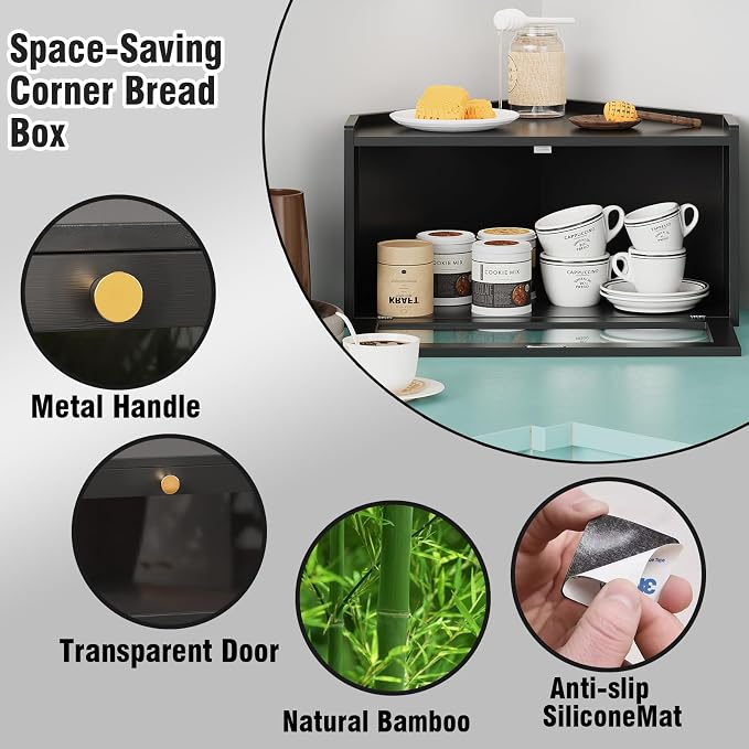 Trironsun Corner Bamboo Bread Box for Kitchen Counter Large Rustic Bread Storage Container with Acrylic Door Space-Saving Vintage Bread Keeper for Homemade Bread (Black) - Image 8