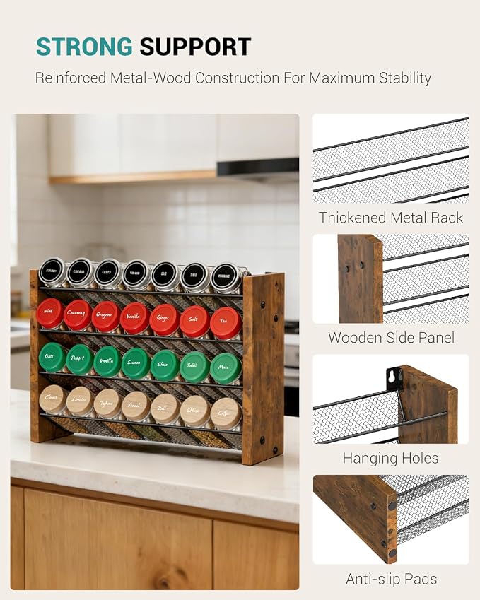 NESAPTO Spice Rack Organizer for Cabinet, Wood 4-Tier Vertical Seasoning Organizer, Wall Mount or Countertop Spice Shelf, Holds 28 Jars (No Jars Included), 14" W x 9.4" H - Image 7