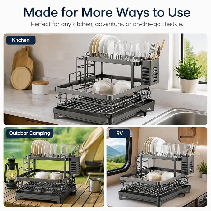 2-Tier 304 Stainless Steel Dish Drying Rack for Kitchen Counter, Gray | Dish rack separates plates, bowls, cups and utensils, while side drainage directs water toward the sink. - Image 9
