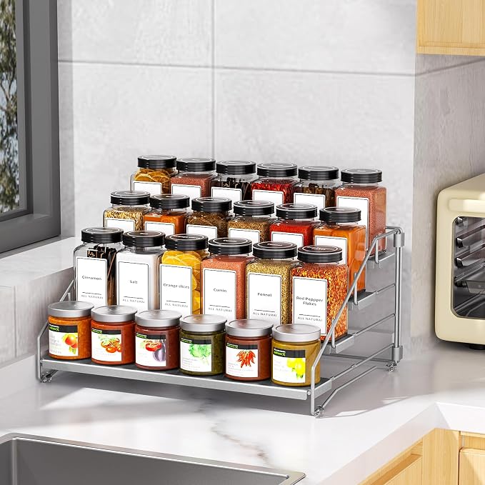 BOIVSHI Spice Rack, Depth Adjustable Spice Organizer for Cabinet, Gray | 4 Tier Spice Rack Organizer for Countertop, Metal Space-saving for Pantry, Seasoning Organizer No-screw Assembly, 1 Pack - Image 9