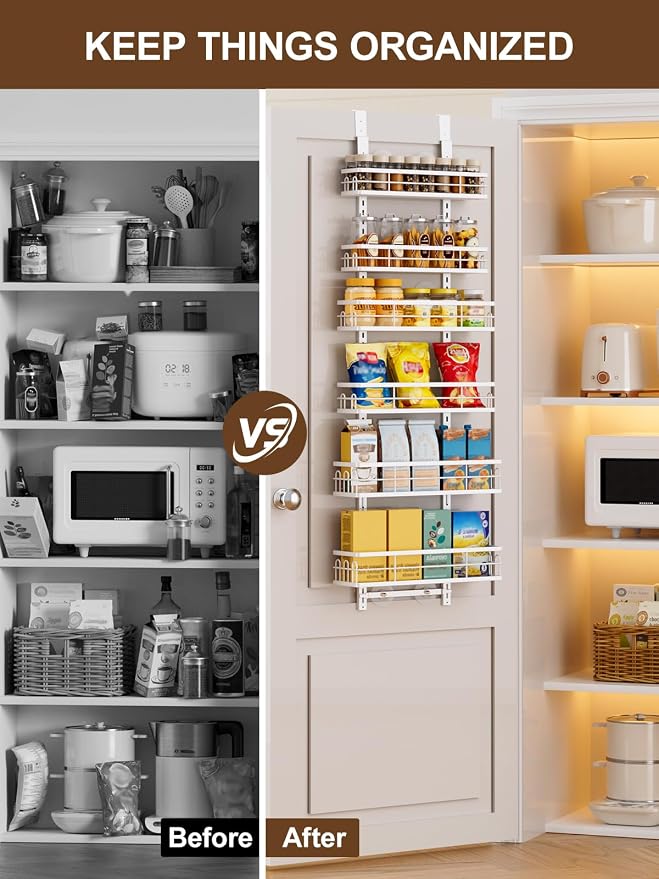 Delamu Over the Door Pantry Organizer, 6 Tier Pantry Door Organizer with Adjustable Basket, Door Spice Rack Seasoning Organizer, Metal Hanging Pantry Organizers and Storage for Kitchen,15.3" White - Image 8